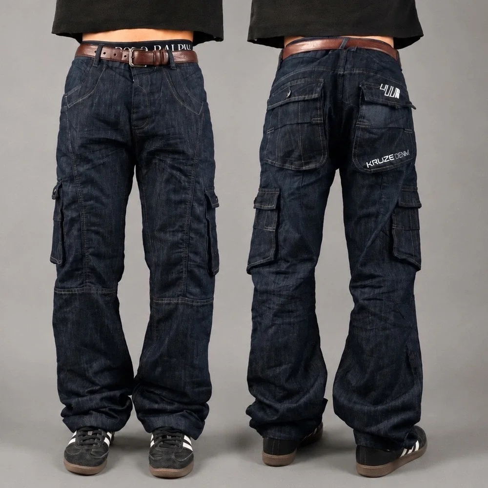 Kruze Denim Vintage Y2K Raw Blue Cargo Jeans Mens 36x34 European Style Baggy